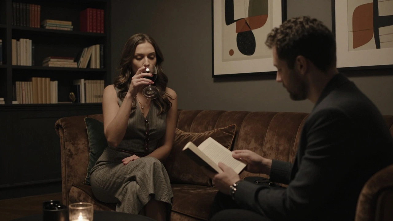 Private lounge setting with two individuals enjoying calm companionship.